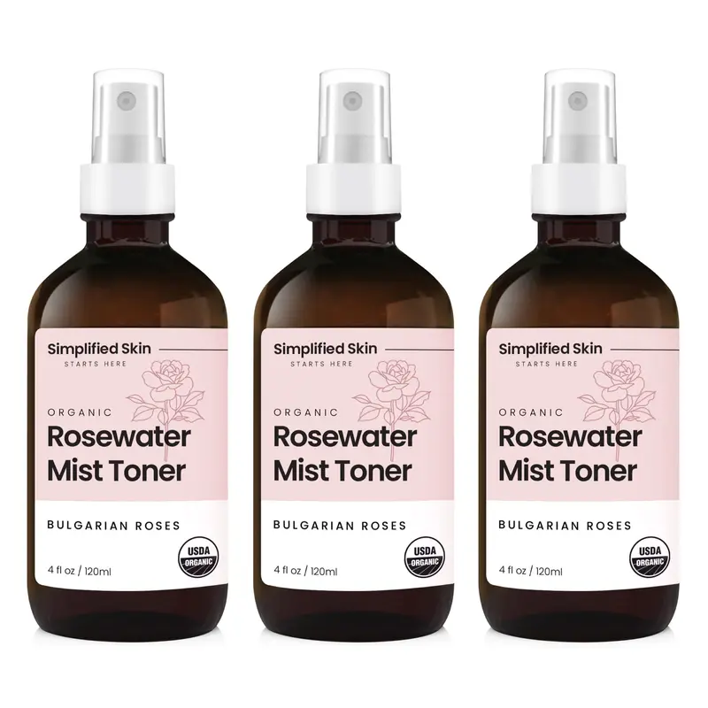 Brume d’eau de rose biologique USDA – Simplified Skin, hydratation visage et cheveux, 3 x 120 ml