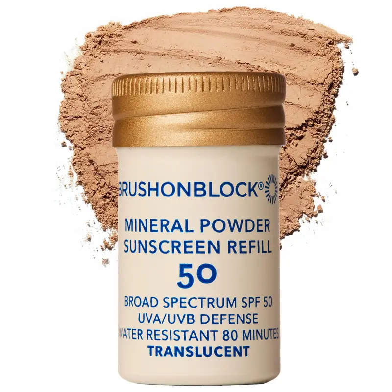 Brush On Block Poudre Minérale SPF50 Remplissage – Protection Visage Translucide, Sans Résidu, Respectueuse des récifs