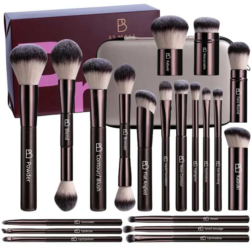 BS-MALL Ensemble de 20 pinceaux maquillage professionnels avec étui de voyage – Kabuki, correcteur, fard à joues, bronzer et fond de teint
