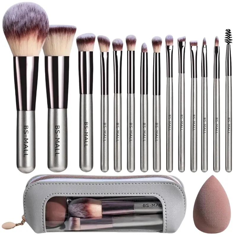 BS-MALL Ensemble de pinceaux maquillage de voyage – 14 pièces avec éponge – Fond de teint, poudre, yeux et blush (Champagne)