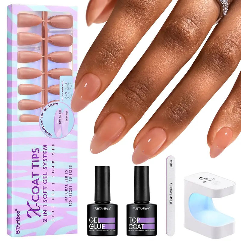 BTArtbox Pointes d’Ongles Amande – Kit Gel Brun Moyen, 150 Pièces + Colle Gel 4-en-1, Couche de Finition, Lampe et Lime