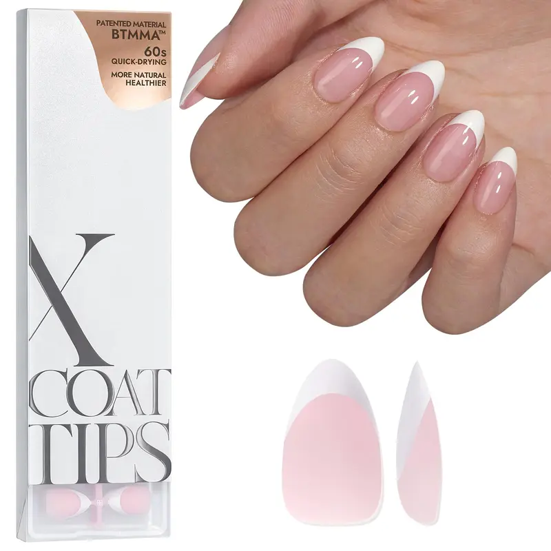 BTArtboxnails – Faux Ongles Manucure Française à Poser Rose Clair Court Amande | X-COAT pour Extensions