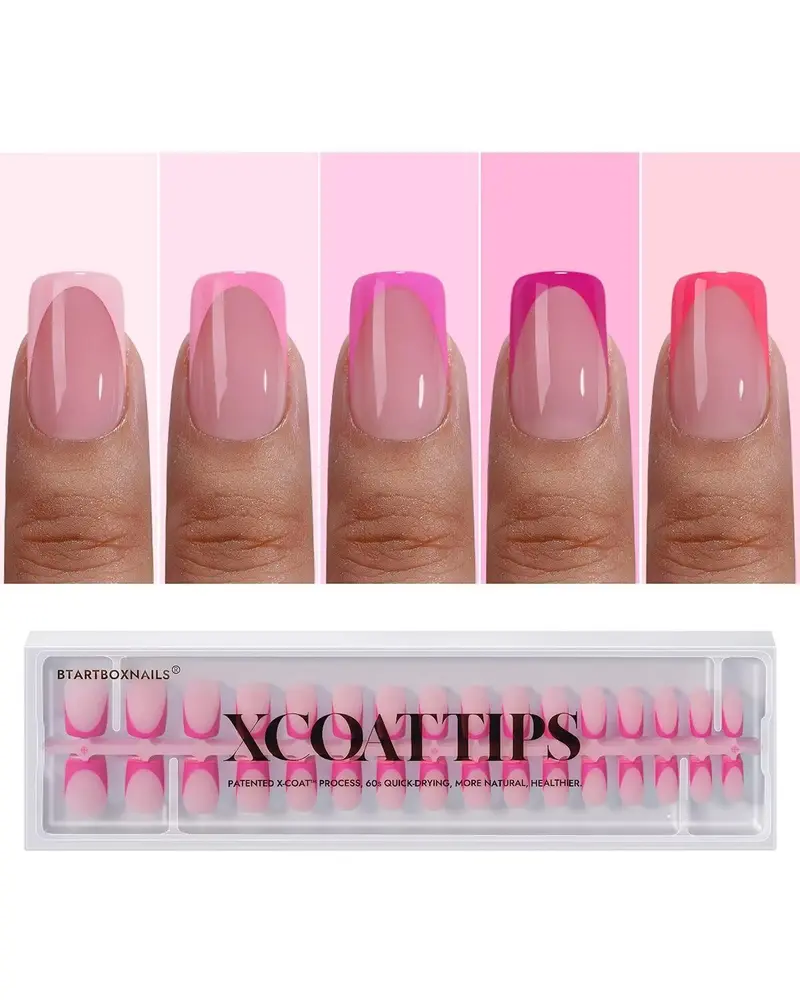BTArtboxnails Pointe Française Rose Court – Faux Ongles Gel Doux, 160 Pièces, 16 Tailles, X-COAT