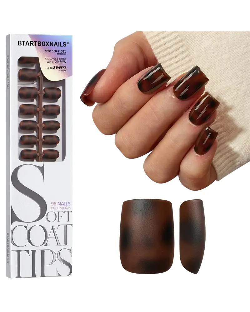BTArtboxnails SoftCoatips – Tips Gel Doux Écaille de Tortue, Court Carré, 96 Pièces