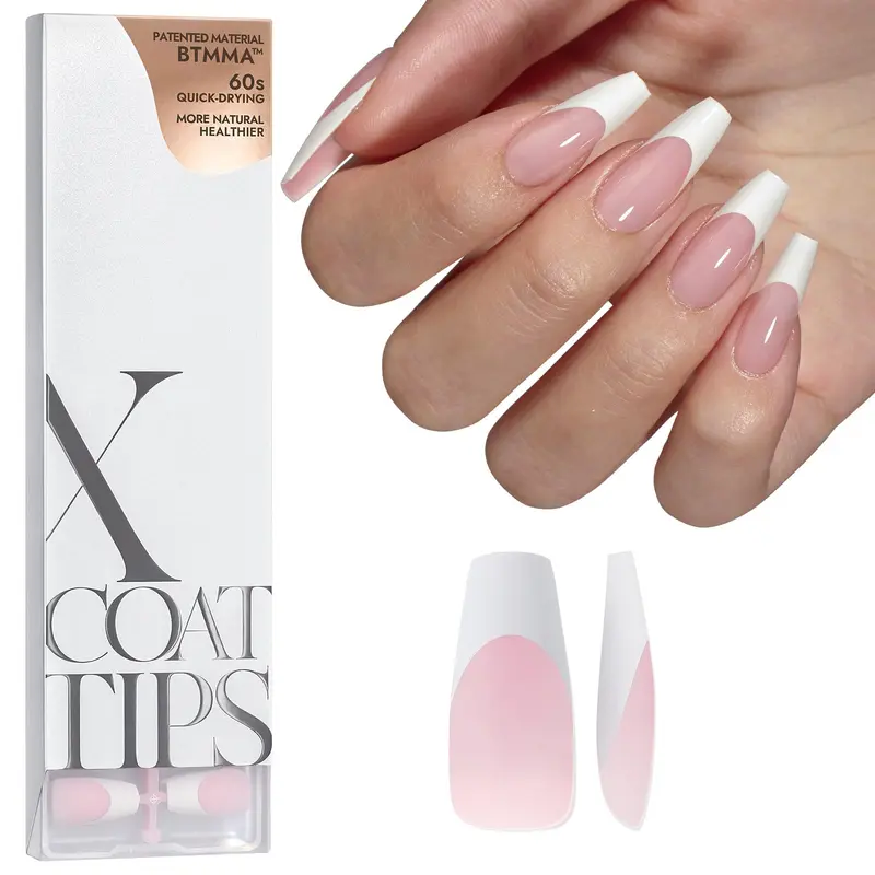 BTArtboxnails XCOATTIPS – Faux Ongles en Pointe Française Rose, Forme Coffin