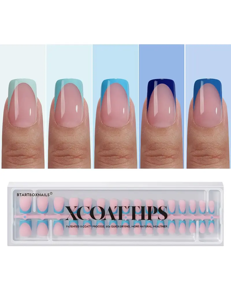 BTArtboxnails XCOATTIPS – Ongles à poser French bleu court carré, 160 pièces, extensions gel doux