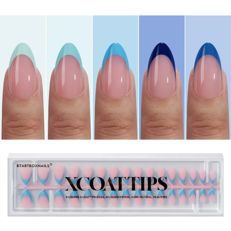 BTArtboxnails XCOATTIPS – Ongles adhésifs Français Bleu, Courts Amande, 160 pièces, Gel doux amovible, 16 tailles