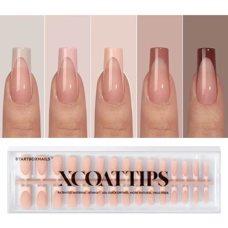 BTArtboxnails XCOATTIPS – Ongles autocollants à pointe française, longs carrés, teintes peau, gel doux à retirer