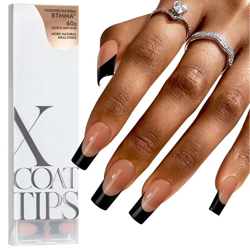 BTArtboxnails XCOATTIPS Ongles Français Noirs – Faux ongles à poser carrés, gel doux