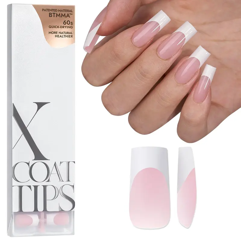 BTArtboxnails XCOATTIPS — Ongles press-on French Tip Blancs et Roses longs carrés