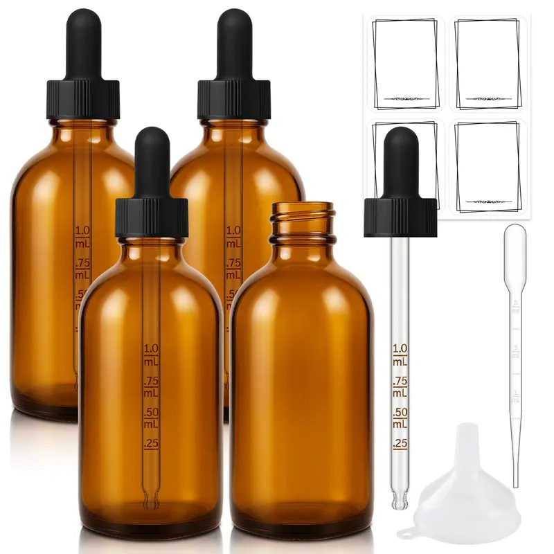Bumobum Bouteille Compte-Gouttes Ambrée 4 oz - Lot de 4 en Verre avec Entonnoir, Pipette et Etiquettes