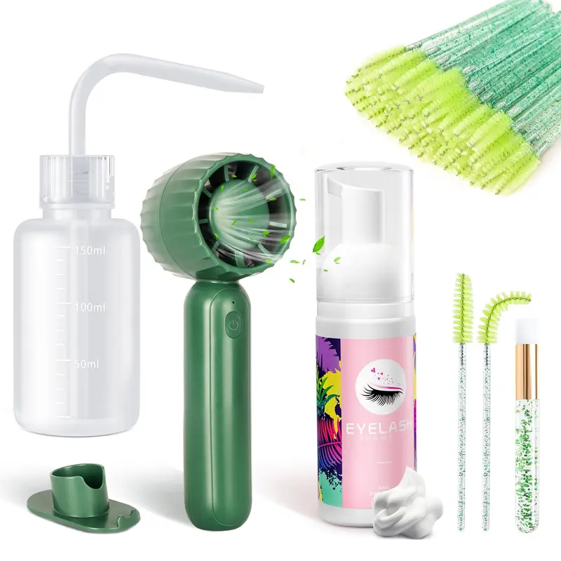 Buqikma Kit Shampoing Cils – Nettoyant pour extensions 60 ml + Ventilateur rechargeable et accessoires