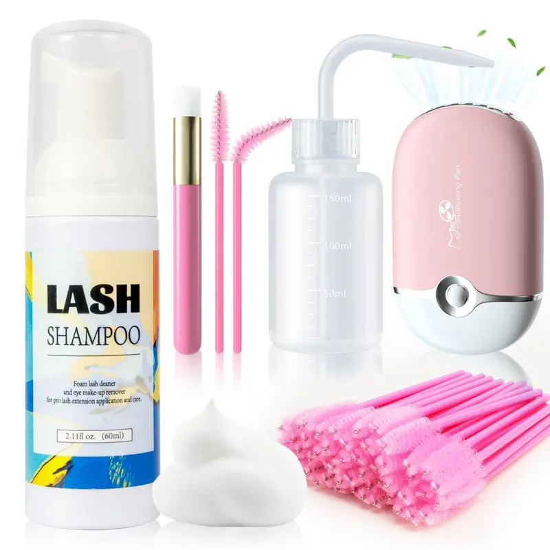 Buqikma Shampooing Cils 60 ml – Nettoyage d’Extensions avec Ventilateur USB et Brosses Mascara