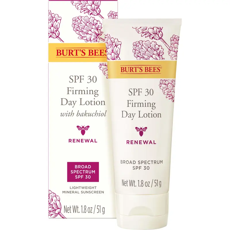 Burt's Bees Renewal SPF 30 – Lotion de jour raffermissante au bakuchiol, protection solaire minérale SPF 30, 1,8 oz