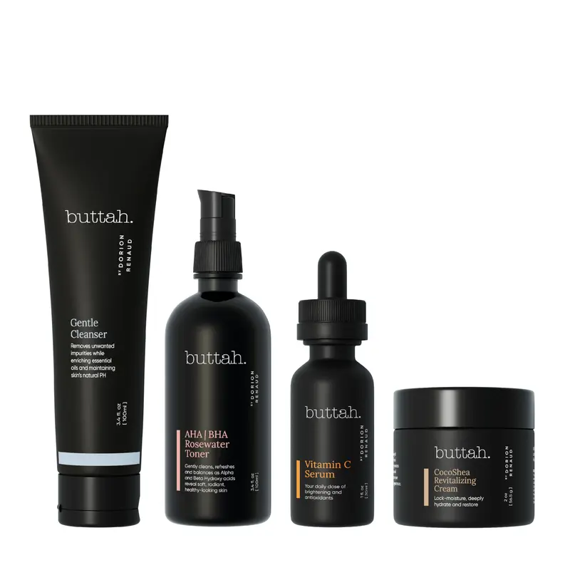 Buttah Skin Supreme Kit pour peaux riches en mélanine | Crème CocoShea Revitalisante 2 oz, Sérum vitamine C 1 oz, Nettoyant 3,4 oz, Tonique à l’eau de rose 3,4 oz