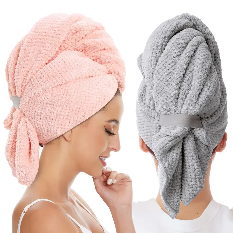 BYCOO Lot de 2 Serviettes Microfibre Cheveux – Turban Sec Anti-Frisottis Gris & Rose