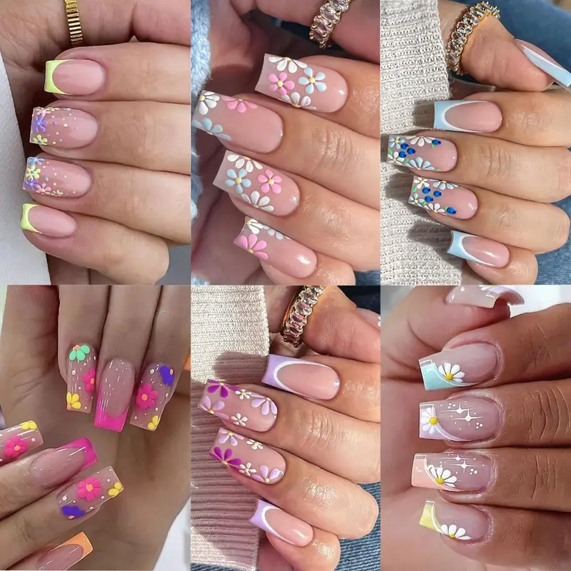 BYETOCE – 6 paquets d'ongles carrés à poser (144 pièces), pointe française et fleurs, réutilisables