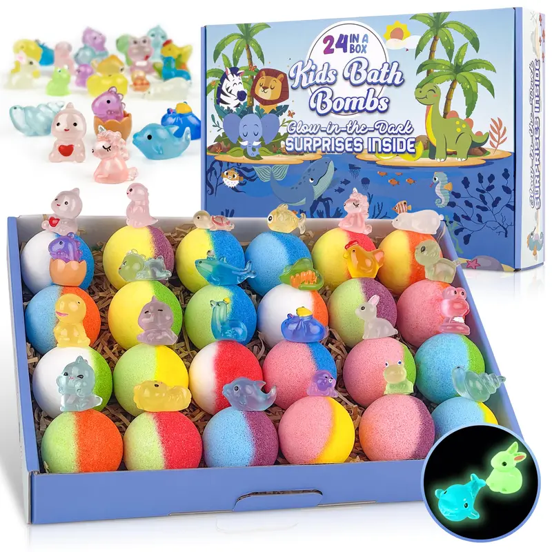 BYGGVIR Bombes de bain pour enfants – 24 bombes colorées avec surprise lumineuse et ingrédients naturels