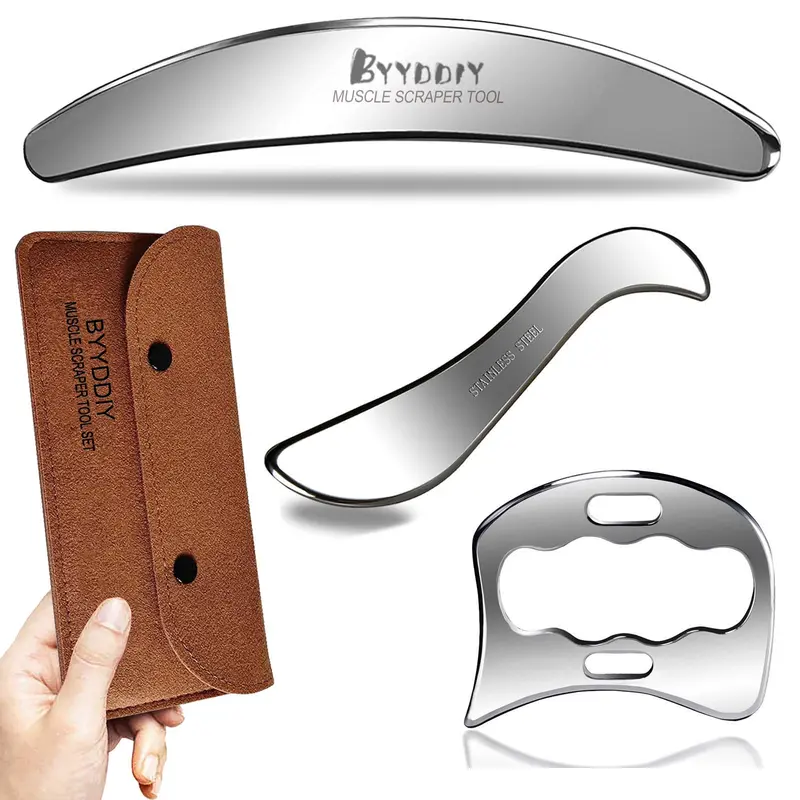 BYYDDIY – Ensemble Outils Massage Musculaire 3-en-1 en Acier Inoxydable | Gua Sha, Grattage et Derma Edge