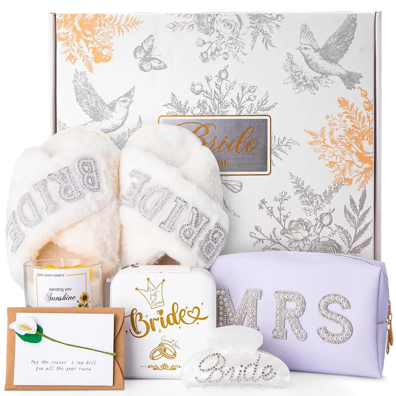 Cadeaux pour la future mariée - Ensemble 7 pièces Doublewhale (chaussons, trousse, boîte, pince, bougie, carte et coffret)