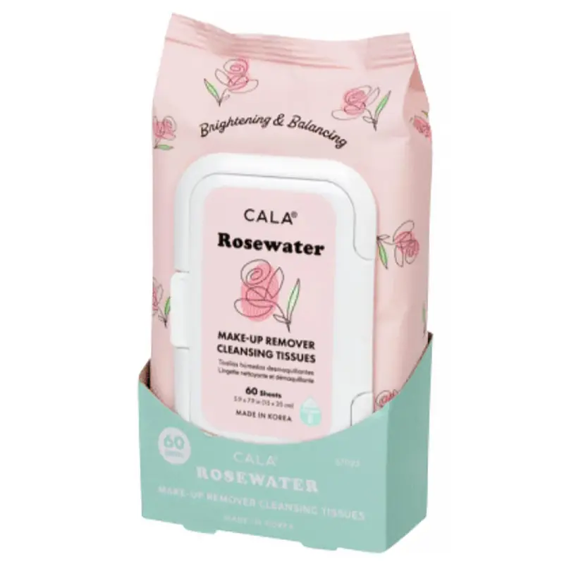 CALA Lingettes Démaquillantes Eau de Rose – Nettoyage Doux, Hydratation et Démaquillage Résistant à l'Eau, 60 Feuilles