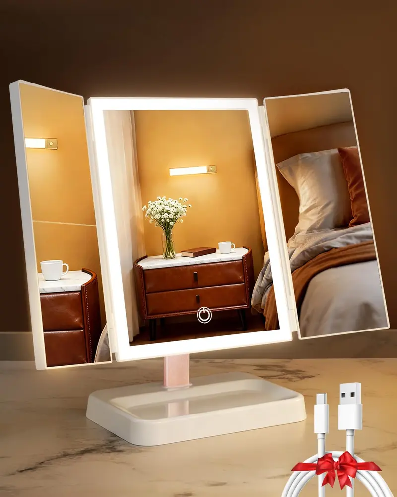 CALEPOP Miroir Vanity avec Éclairage – Maquillage 1X/2X/3X, Tri-fold, Rechargeable, 9 po × 14 po