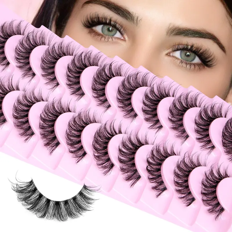 Calphdiar Faux Cils Naturels Courbe D 14mm – 3D Wispy, Bande Transparente, Lot 10 Paires