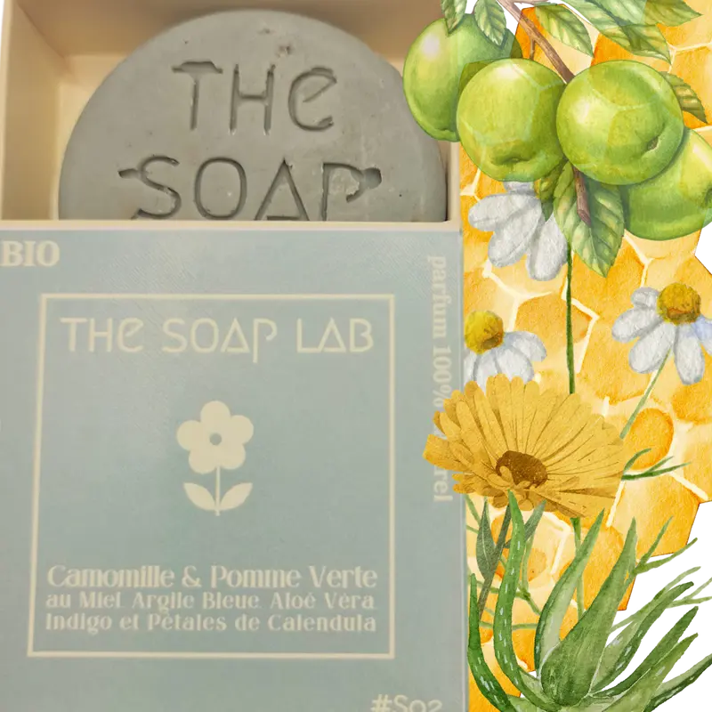Camomille & Pomme Verte, au Miel, Argile Bleue, Aloé Véra et Pétales de Calendula