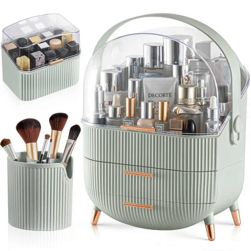 CANITORON Organisateur Maquillage et Soins – 2 Tiroirs, Boîte à Pinceaux, Vert Sauge