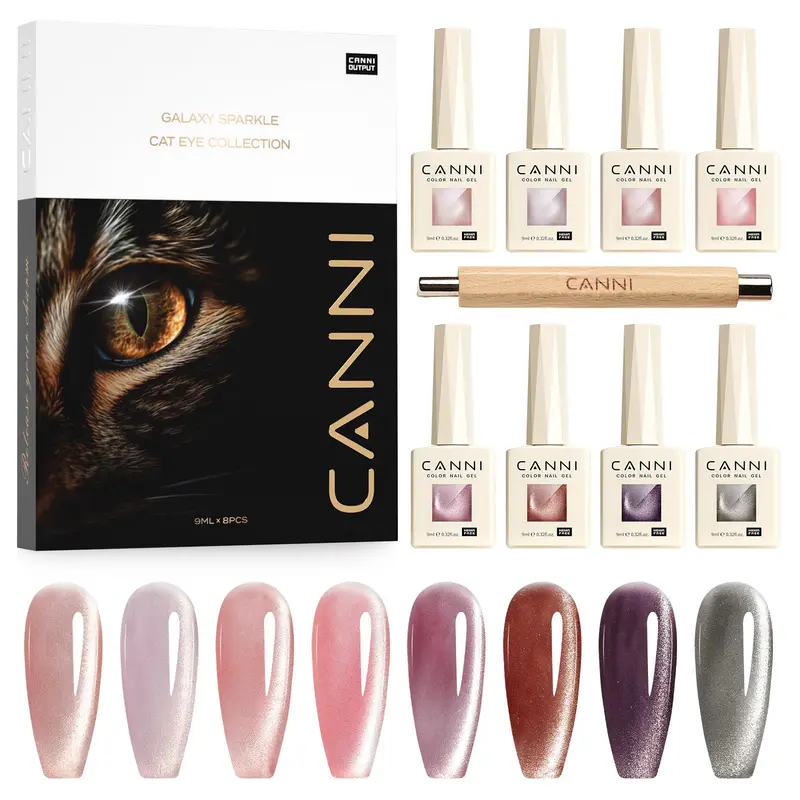 CANNI 8 pièces Vernis Gel Œil de Chat – 9 ml, 8 couleurs Magnétiques