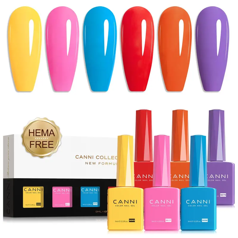 CANNI Set Vernis Gel – 6 Couleurs Arc‑en‑Ciel Été, 9 ml, Haute Brillance, Sèche UV/LED