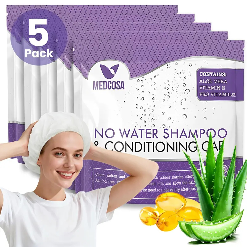 Capuchons de shampoing sans rinçage Medcosa – Lavage capillaire sans eau pour patients alités – Aloe, vitamine E, camomille – Pack 5