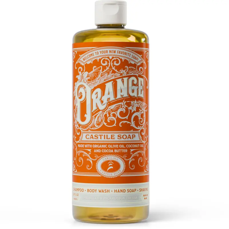 Carolina Castile Soap Orange – Base biologique certifiée, riche en huile d’olive, nettoyant concentré pour corps et cheveux (Orange, 946 ml)