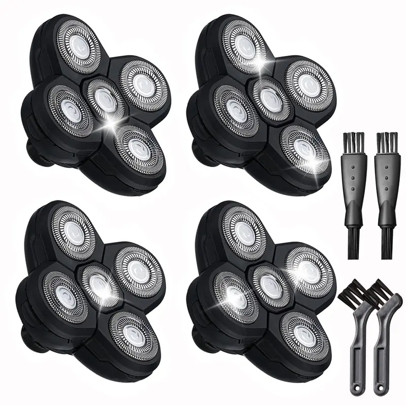 Carreuty - 4 têtes de rasage remplaçables à 5 lames pour tête et visage, kit rasoir électrique universel + 4 brosses de nettoyage