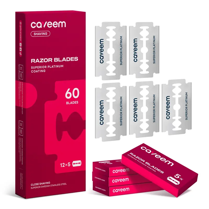 CAVEEM – Lames Rasoir Double-Tranchant, 60 Lames en Acier Inoxydable, Compatibles Standard