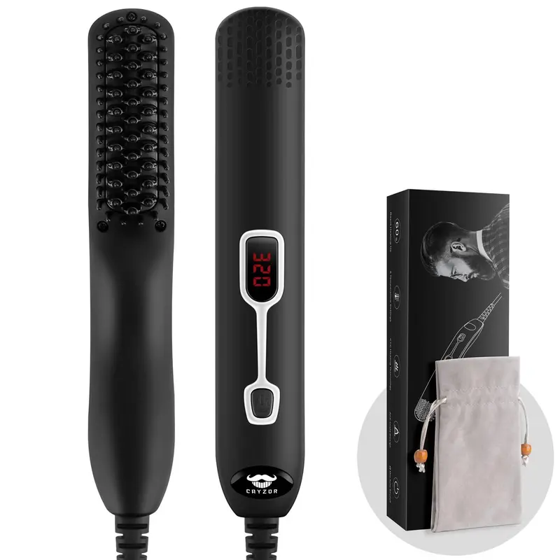 Cayzor Peigne-Lisseur de Barbe pour Hommes – 5 Températures Réglables, LCD, Céramique, Étui Portable