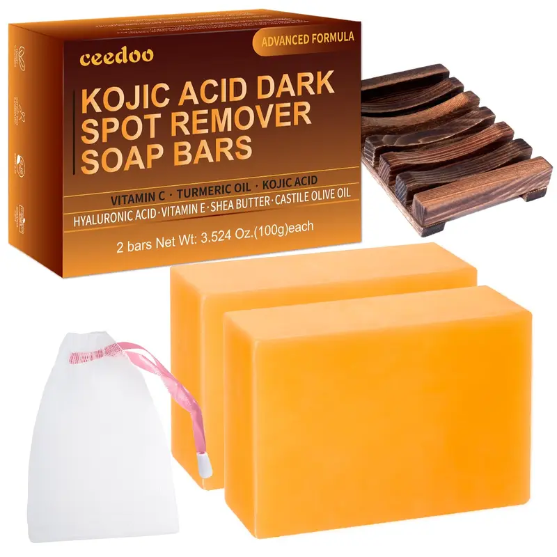 Ceedoo Savon Acide Kojique Curcuma – Barres 2x3,52 oz avec Vitamine C, Rétinol, Hyaluronique et Collagène