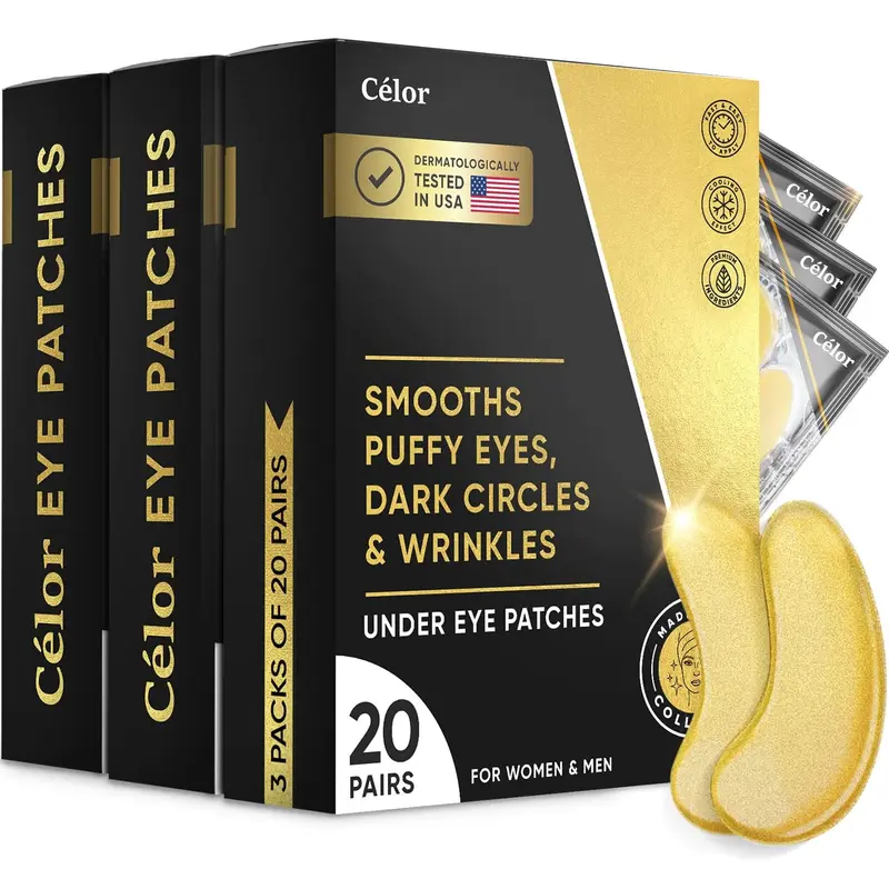 CÉLOR Patchs Yeux Dorés — Contour des Yeux, Collagène & Centella, 60 Paires, Testé États‑Unis