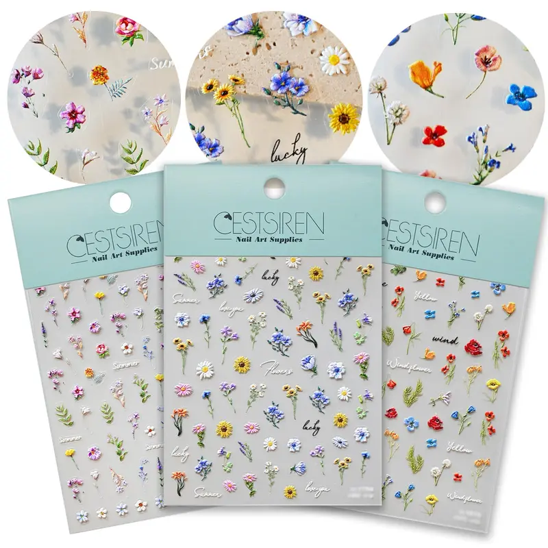 CESTSIREN Stickers Nail Art Fleurs 3D Embossés – Auto-adhésifs pour Ongles (3 Feuilles)