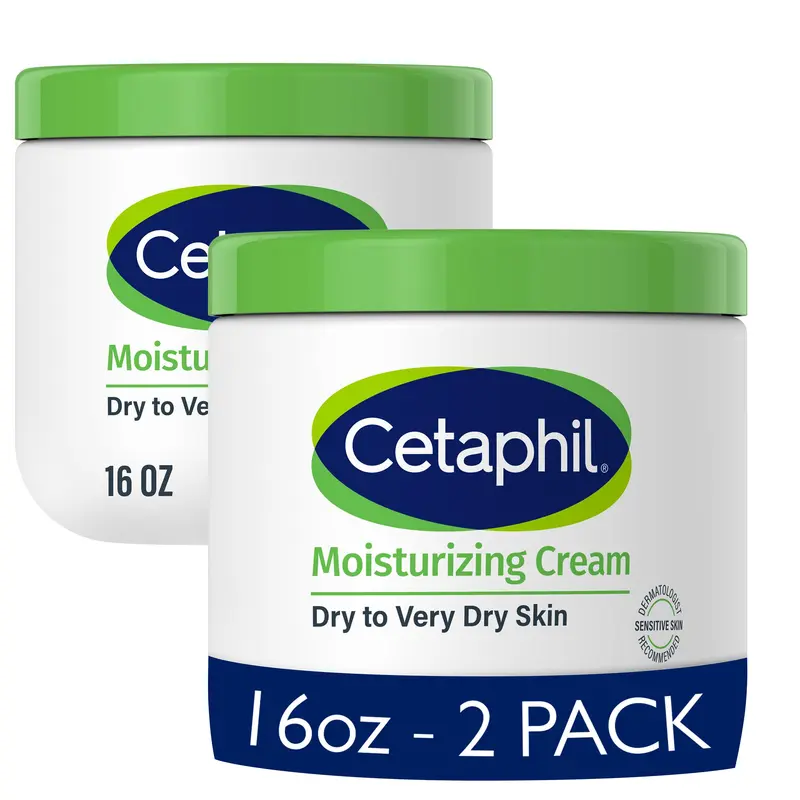 Cetaphil Crème Hydratante Visage et Corps — Hydratation 48h, Peau Sèche à Très Sèche, Sans Parfum, Non-Comédogène, 2-Pack de 16 oz