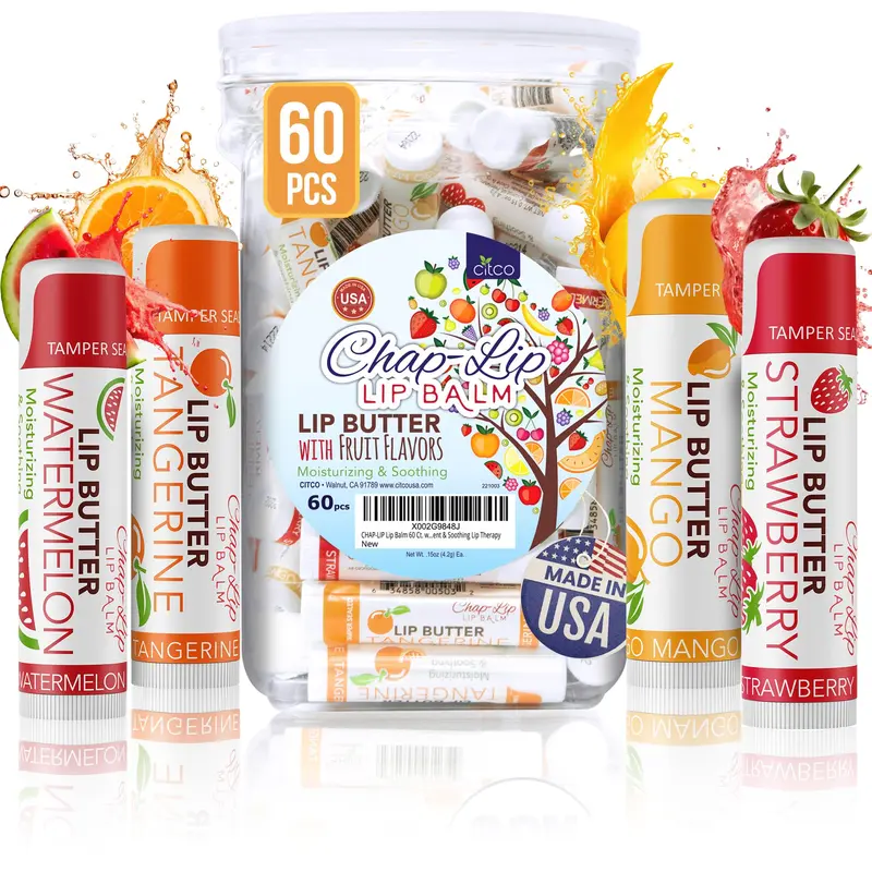 CHAP-LIP Baume Lèvres Original Bulk – Hydratation Profonde, Saveurs Fruits, Huile de Coco et Beurre de Cacao – Lot de 60, Fabriqué aux États-Unis