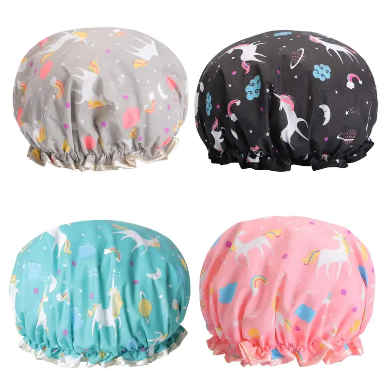 Chapeaux de Douche Licorne Tbestmax — Bonnet Étanche à Double Couches, Réutilisable, Lot de 4