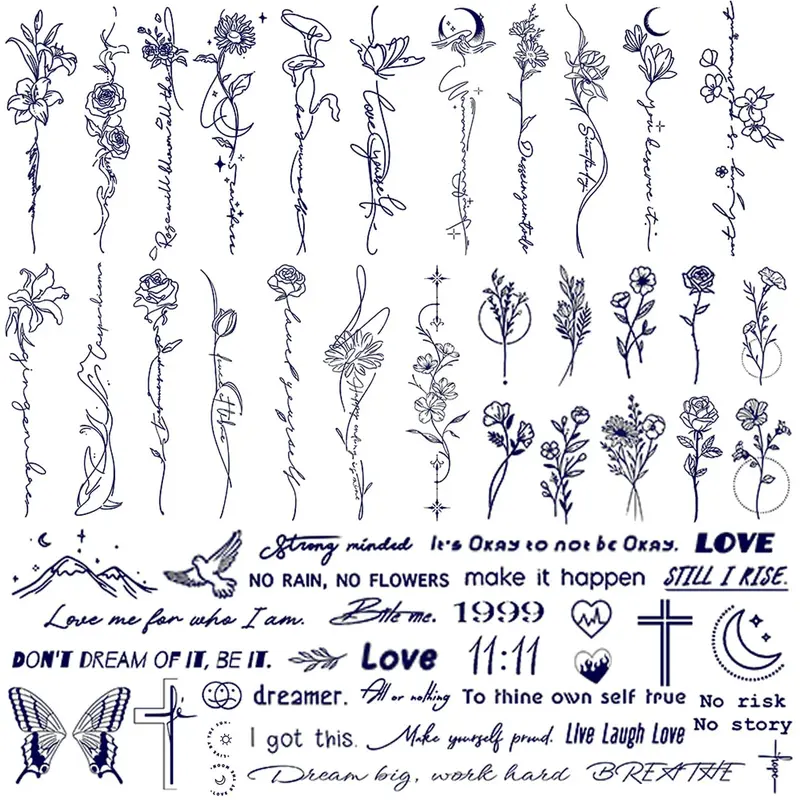 CHARLENT Tatouages Semi-Permanent – Petits Motifs Fleurs et Mots, 2 Semaines, Imperméables et Réalistes