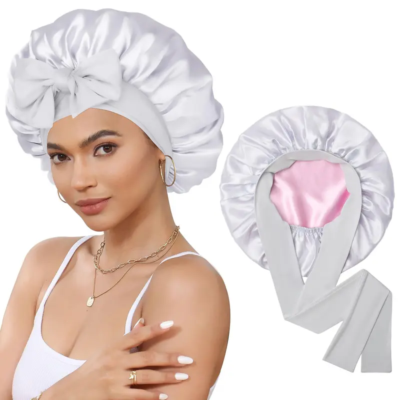 CHLINS - Bonnet Satin de Nuit Double-Couche pour Cheveux Bouclés avec Bande Élastique