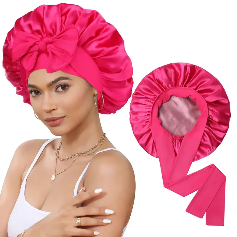 CHLINS Satin Bonnet – Bonnet de Nuit Double-Couche avec Bande Élastique pour Cheveux Bouclés