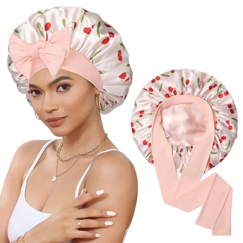 CHLINS Satin Bonnet de Nuit – Bonnet en Satin Double-Couche avec Lien Élastique pour Cheveux Bouclés