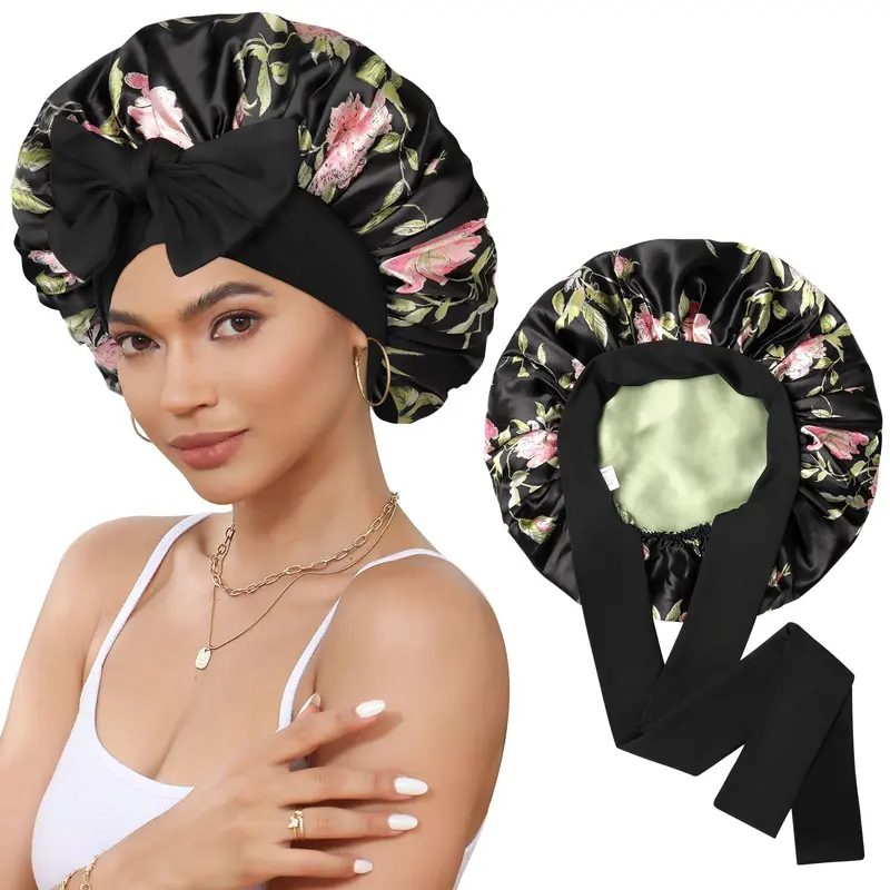 CHLINS Satin Bonnet pour Dormir – Bonnet Satin Double-Couche à Bande Élastique pour Cheveux Bouclés