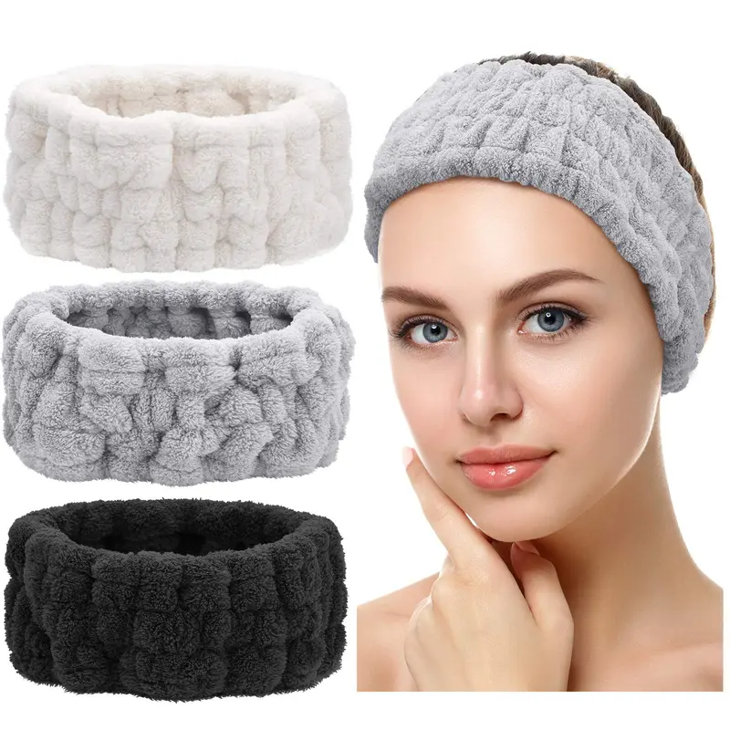 Chuangdi Bandeaux Spa pour Femmes – Ensemble de 3 Bandeaux Visage Doux en Microfibre (Noir, Blanc, Gris Clair)