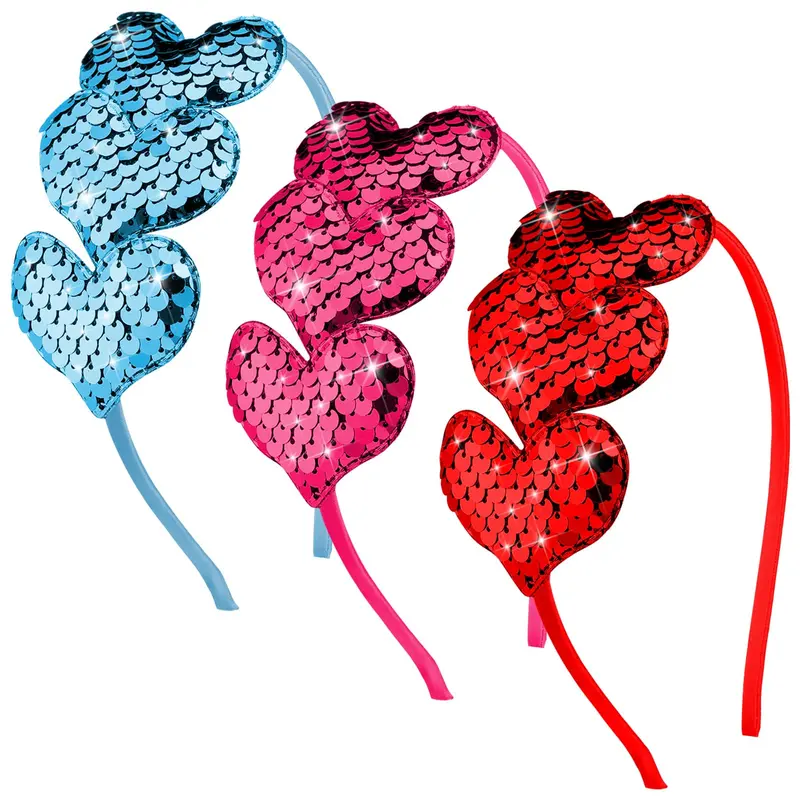 Chuangdi – Lot de 3 Serre-têtes Cœurs Pailletés pour Femmes – Rose, Bleu et Rouge