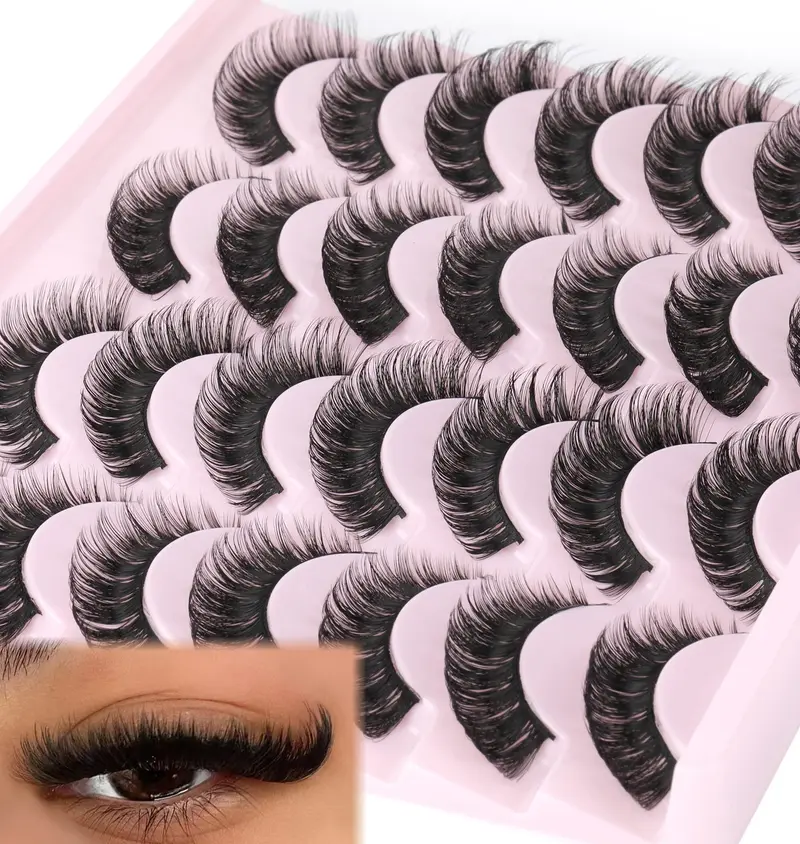 Cils Zanlufly russes - Faux cils en bande D-Curl Wispy, faits main, réutilisables, lot de 14 paires